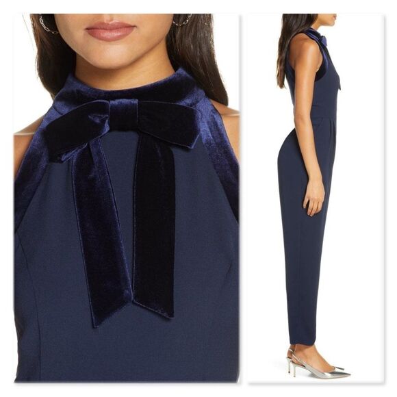 1901 Velvet Trim Halter Jumpsuit sz 8 in Navy - Picture 2 of 13